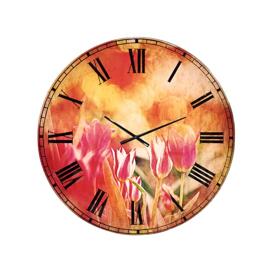 Designart 'Tulips On Abstract Red Background Traditional Wall Clock